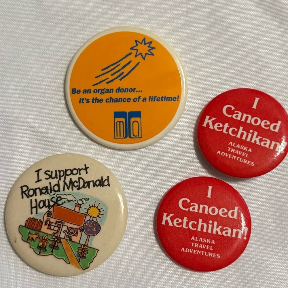 Vintage Travel & Charity Pinback Buttons Alaska Canoe Donation Lot